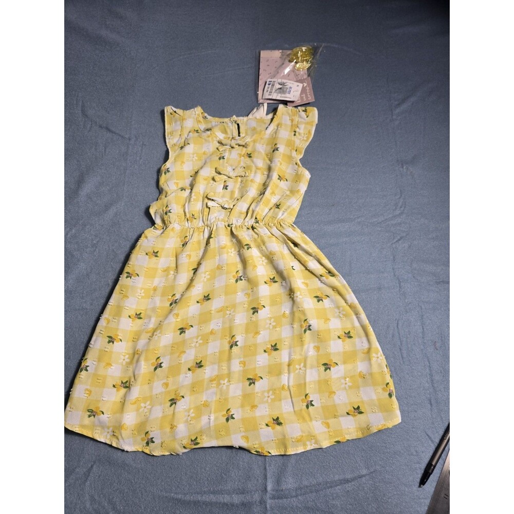 Yellow Lemon Print Gingham Ruffled Sun Dress. 4